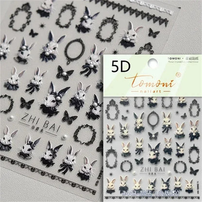 Noble Rococo Bunny Girl Pearl Butterfly Easter Egg Rabbit Soft Relief Self Adhesive 5D Nail Art Decoration Sticker 3D Nail Decal