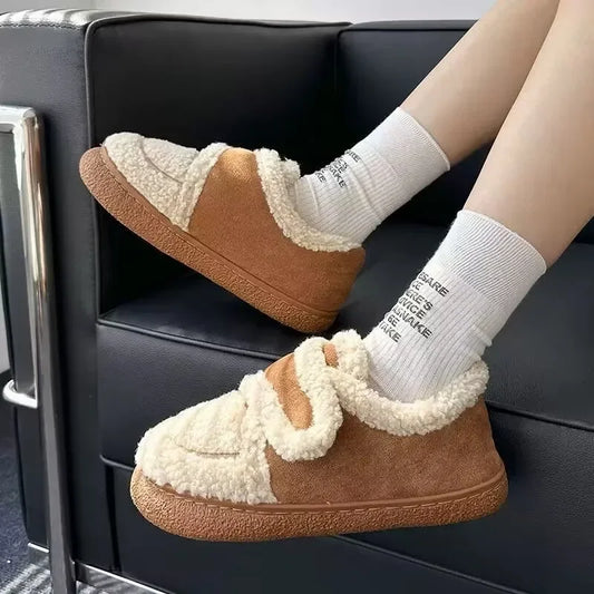 Autumn Winter Women Boots Brown Flannel Plush Warm Home Cotton Shoes Outdoor Platform Snow Boots Soft Sole Household Slippers