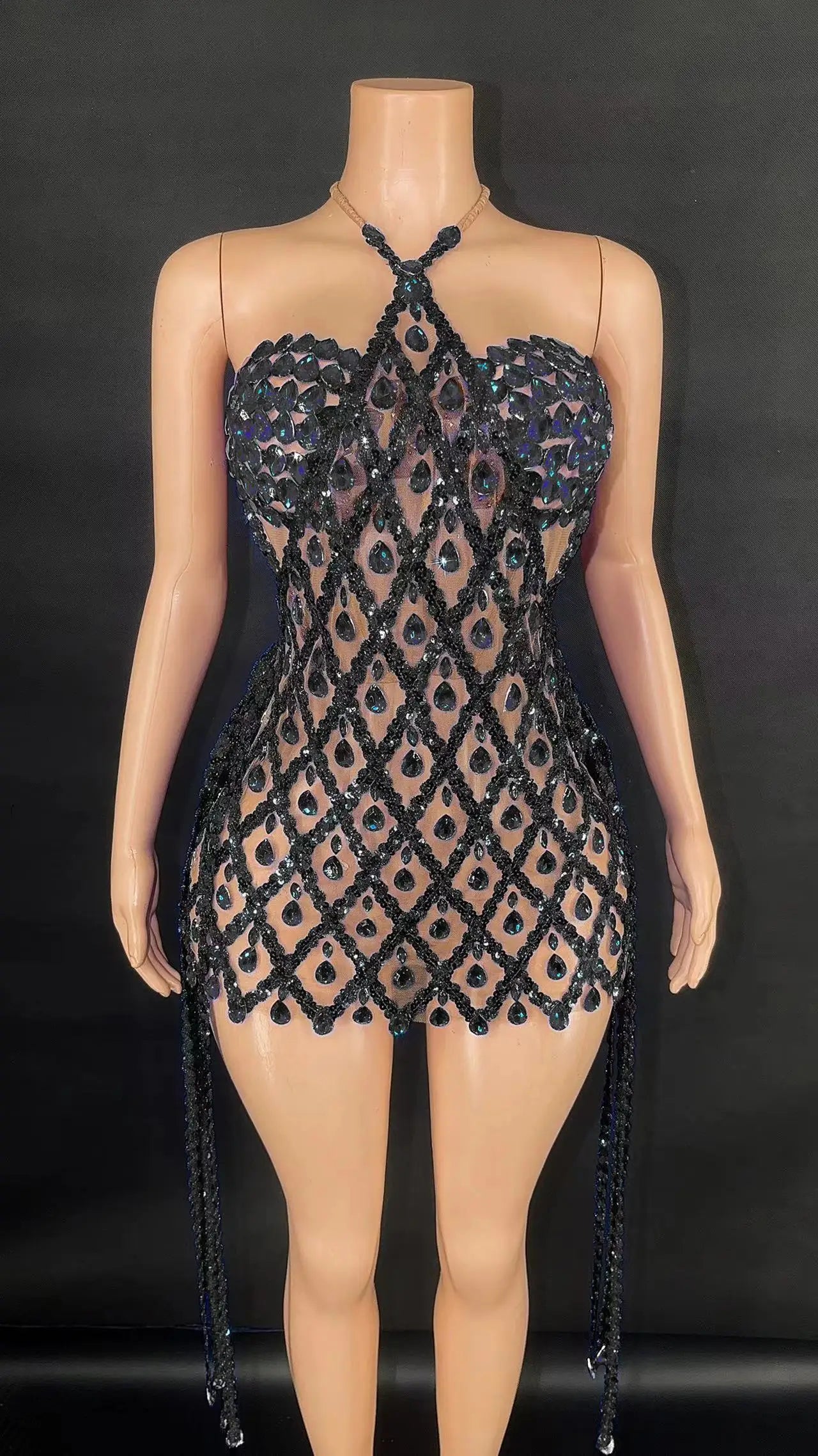 Sexy Sparkly Multicolor Rhinestones Sleeveless Mesh Transparent Short Dress Women Birthday Celebrate Prom Dance Dress Plus Size