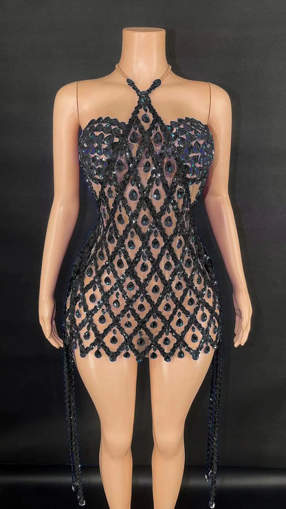 Sexy Sparkly Multicolor Rhinestones Sleeveless Mesh Transparent Short Dress Women Birthday Celebrate Prom Dance Dress Plus Size