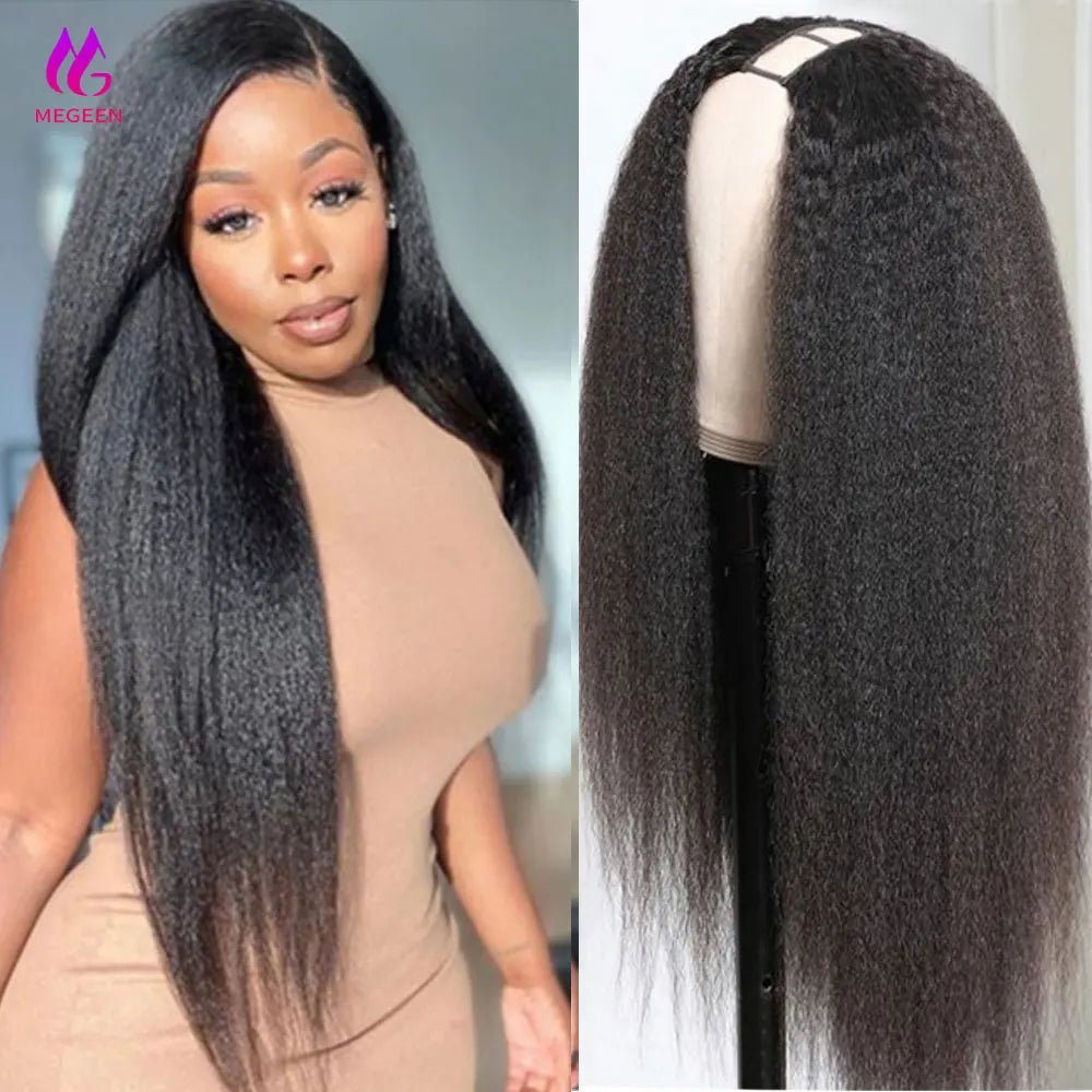30 Inch Kinky Straight V Part Wig Brazilian Yaki Straight Human Hair U Part Wigs Middle Part Machine Made Remy Hair Easy Install