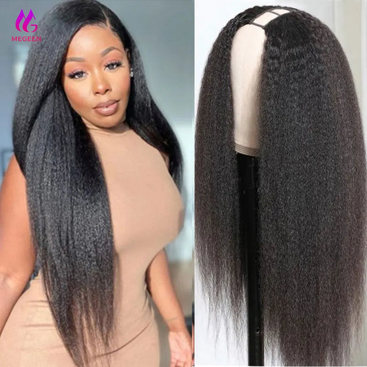 30 Inch Kinky Straight V Part Wig Brazilian Yaki Straight Human Hair U Part Wigs Middle Part Machine Made Remy Hair Easy Install