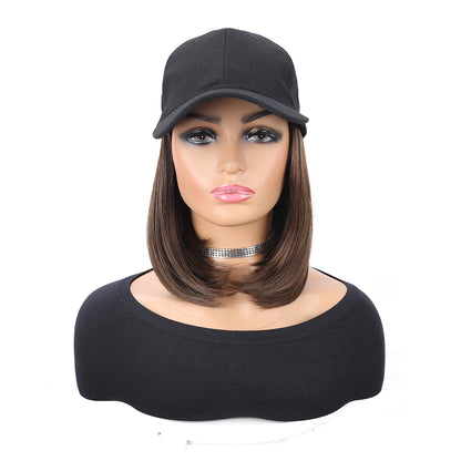 Baseball Cap with Synthetic Hair Extensions 10 Inches Straight Short Bob Hairstyle Adjustable Wig Hat for Women Girls