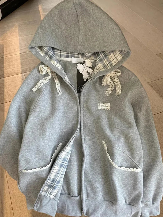 Zoki Lace Patchwork Hoodies Women Cute Bow Long Sleeve Sweatshirt Japan Preppy Style Sweet Loose Long Sleeve Female Gray Outwear