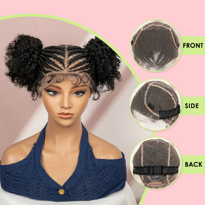 6 Inch Afro Cornrow Braided Wigs with Baby Hair Synthetic Full Lace Braid Wig Double Ponytail Bun Head Knotless Wig