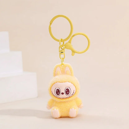 Sitting Labubu Doll Keychain External Implantation Fluff Pvc  Phone Ornaments Bag Charms Car Keychain Christmas Gifts