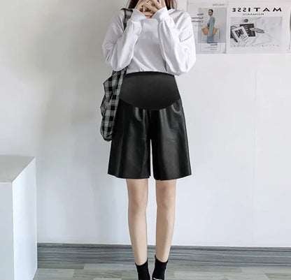 Cotton's Belly Patchwork PU Leather Shorts For Pregnant Women Fashionable Wide-legged Short Pants Maternity Side Split Trousers
