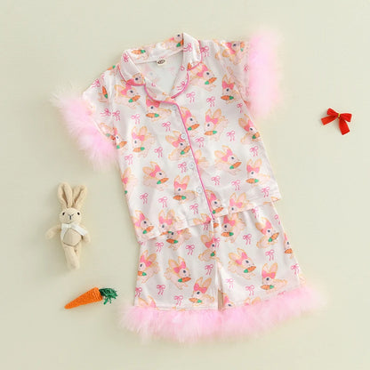 Toddler Boy Easter Pajamas Set with Cute Chick Print Lapel Feather Short Sleeve Button Down Tops and Shorts Satin Sleepwear