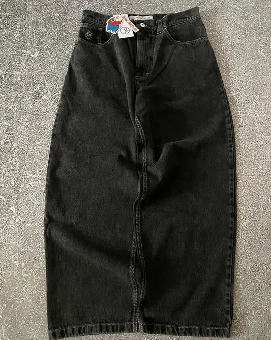 Harajuku Gothic Streetwear Polar Big Boy Jeans Japanese Hip Hop Cartoon Embroidery Baggy Jean Black Pant High Waisd Wide Trouser