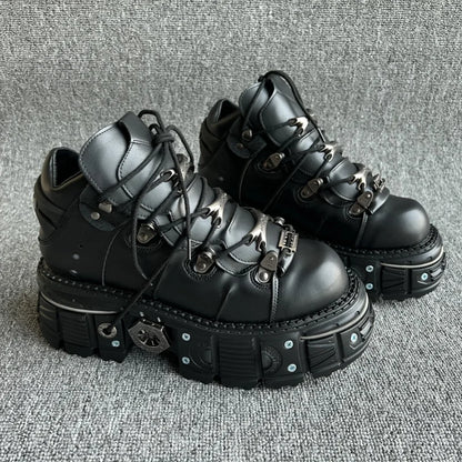 New Punk Style Women Shoes Lace-up Heel Height 6cm Platform Shoes Woman Gothic Ankle Rock Boots Metal Decoration Woman Sneakers