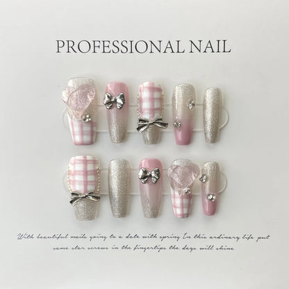 10pcs Handmade Almond Press On Nails Gradient Cat Eye Pink French Fake Nail Bow Design Full Cover Nail Tips Wearable False Nail