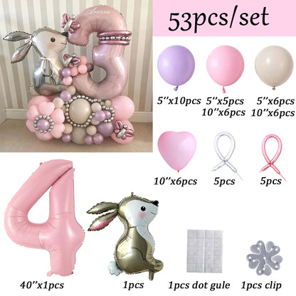 53pcs Easter Bunny Cartoon Rabbit Foil Balloons with Pink 40inch Number Ball Set Child Girls 1st Birthday Party Baby Shower Deco