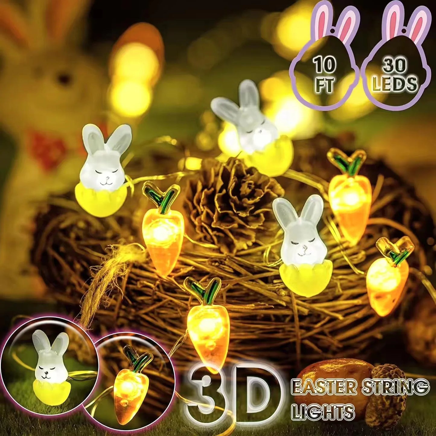 2M 20LED 2025 Easter Rabbit Carrot LED String Light Chick Eggs Fairy Light Garland kids room Happy Easter Party Home Decoration
