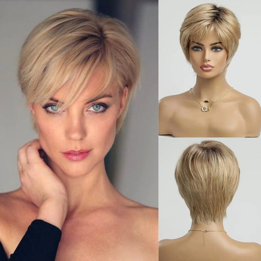 Pixie cut Human hair Wigs Sand Blonde Short Straight Bob Wigs with Bangs 100% Real Human Hair Glueless Wigs Natural Daily Use