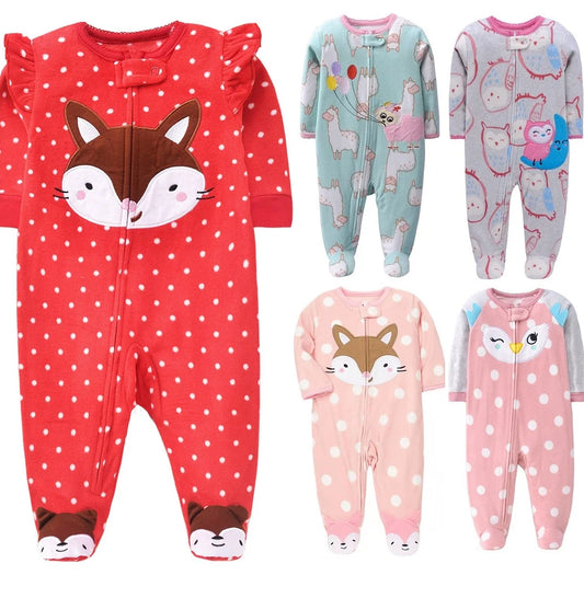 Newborn Infant Baby Girl Rompers 2024 Winter Autumn Warm Micro Fleece Animal Sleepsuit Animal Overall Babe Jumpsuits 0-12 Months