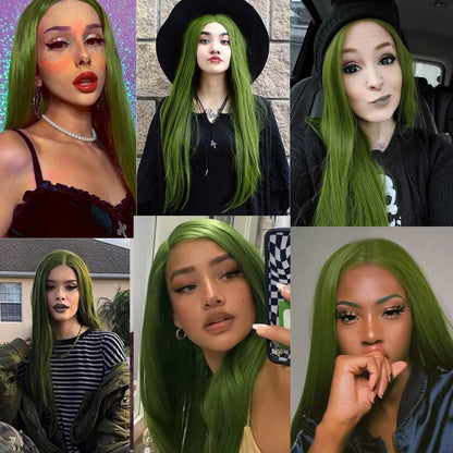 Olive Green Wig Long Straight Synthetic Hair Wigs for Women Matcha Green No Lace Front Wigs Heat Resistant Synthetic Wig 24 Inch