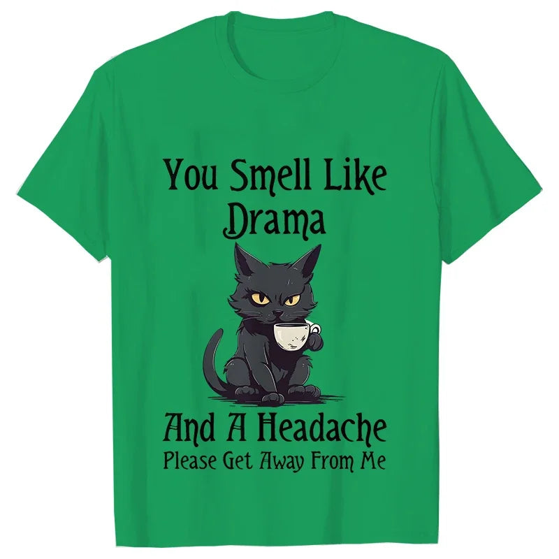 Black Cat Coffee T-shirts Women Pet Cartoon Tshirts You Smell Like Drama Print Women's Clothing Cat Mom Women Tee T-Shirts Tops