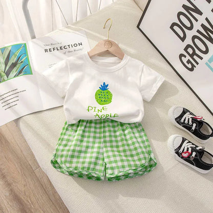 Baby Girls Clothes Sets Cute Fruit Print Short Sleeve+Plaid Shorts Toddler Summer Cotton T-Shirt Pant Set Outfits Kids Tracksuit