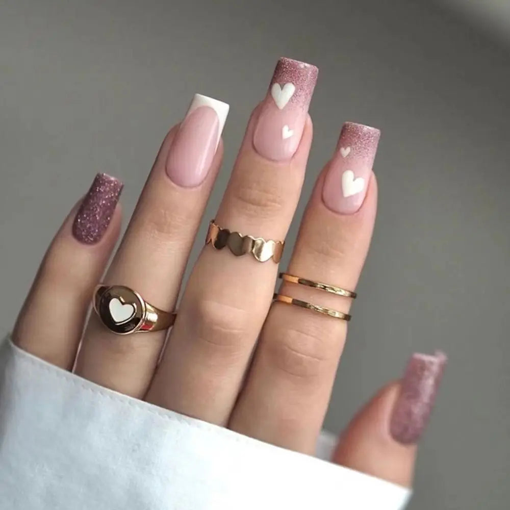 24pcs Square False Nails Glitter Heart White Crackle Fake Nails Full Cover Press on Nails Nail Tips DIY Women Girls Nails