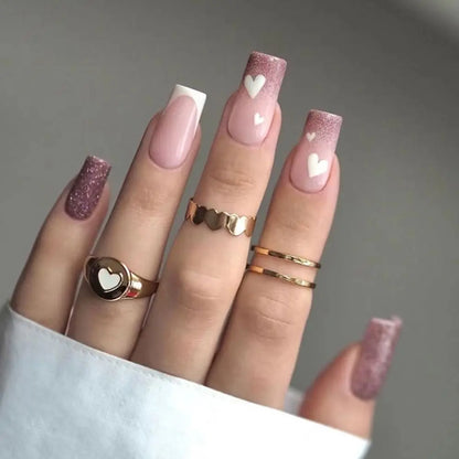 24pcs Square False Nails Glitter Heart White Crackle Fake Nails Full Cover Press on Nails Nail Tips DIY Women Girls Nails