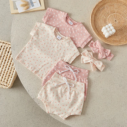 Suefunskry Baby Girl Summer Casual Clothes Flower Print Short Sleeve Round Neck T-Shirt with Shorts and Headband Outfit