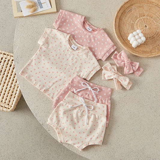 Suefunskry Baby Girl Summer Casual Clothes Flower Print Short Sleeve Round Neck T-Shirt with Shorts and Headband Outfit