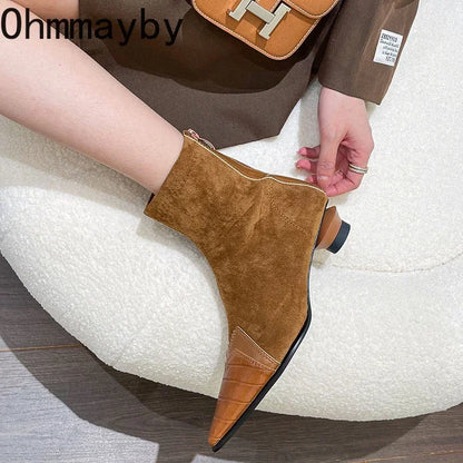 2024 Spring Autumn Women's Ankle Boots Fashion Pointed Toe Short Botas Ladies Elegant Low Heel Shoes Winter Women's Pumps