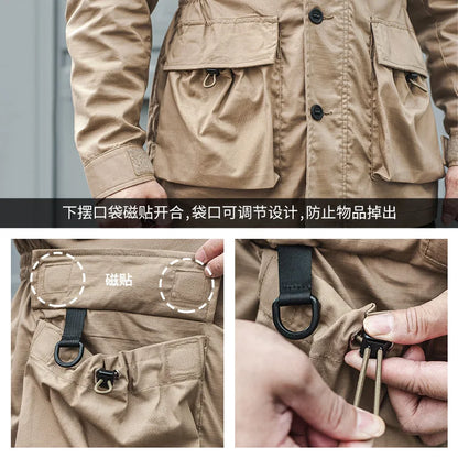 Safari Jacket Men Tactical Windbreaker Outdoor Multi-pocket  Vintage Casual Coats Spring Autumn Army Camo Amekaji Hunter