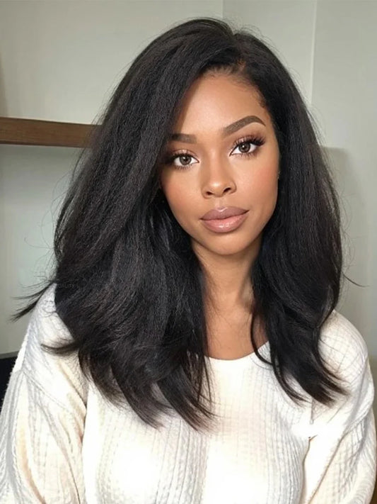 Wear Go Glueless Wig Kinky Straight Human Hair Wigs 6x4 HD Lace Closure Wig Pre Plucked Pre Cut Yaki Straight Human Hair Wigs