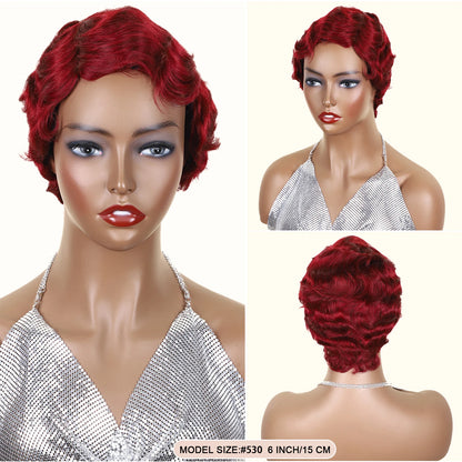 Blonde Burgundy Short Pixie Cut Wigs For Black Women Wig Brazilian Human Hair Wigs Finger Ocean Wave Wig Machine Made