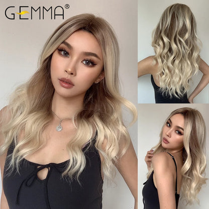 GEMMA Long Wavy Omber Brown Blonde Lace Front Wigs for Women Middle Part Lace Synthetic Wig Heat Resistant Cosplay Daily Hair