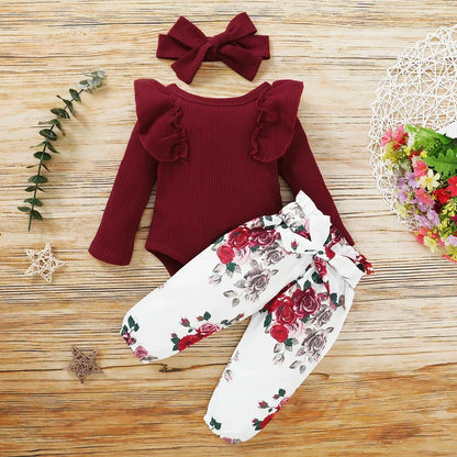 3Pcs Newborn Clothes Baby Girl Clothes Sets Infant Outfit Ruffles Romper Top Bow Leopard Pants New Born Toddler Clothing