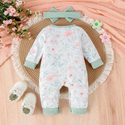 2PCS Autumn New Style For 0-1 Year Old Girl Baby Sweet And Cute Round Collar Printed Long-Sleeved Jumpsuit Pants + Hair Band