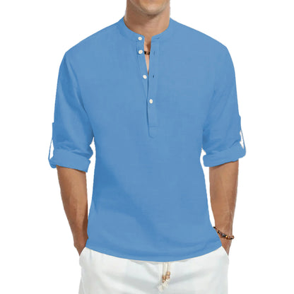 Casual shirts, loose cotton men's shirts, fashionable stand-up collar solid color long-sleeved T-shirts, handsome slim-fit tops