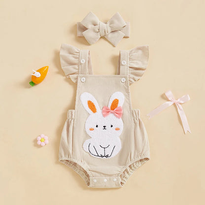 Adorable Baby Easter Romper Set with Cute Bunny Embroidery Flutter Sleeves and Matching Headband for Girls