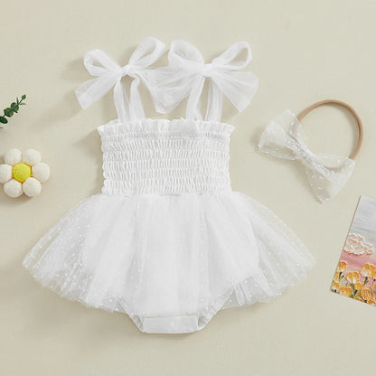 FOCUSNORM 0-18M Infant Baby Girls Princess Romper Dress 2pcs Strap Sleeveless Lace Up Dot Mesh Tulle Jumpsuits Hairband