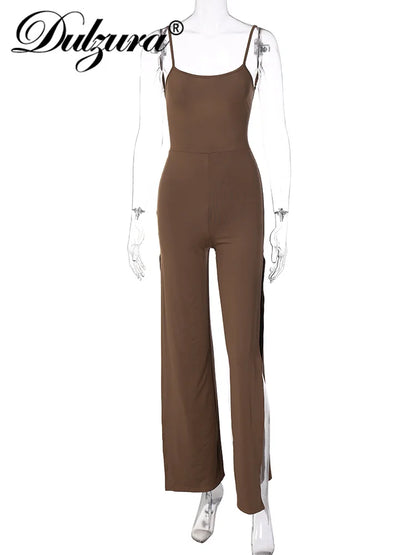Dulzura Summer Women Sexy Y2K Lace Up Backless Strap Rompers Slit Wide Leg Jumpsuit Outfits Vacation Streetwear Overalls