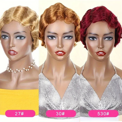 Blonde Burgundy Short Pixie Cut Wigs For Black Women Wig Brazilian Human Hair Wigs Finger Ocean Wave Wig Machine Made
