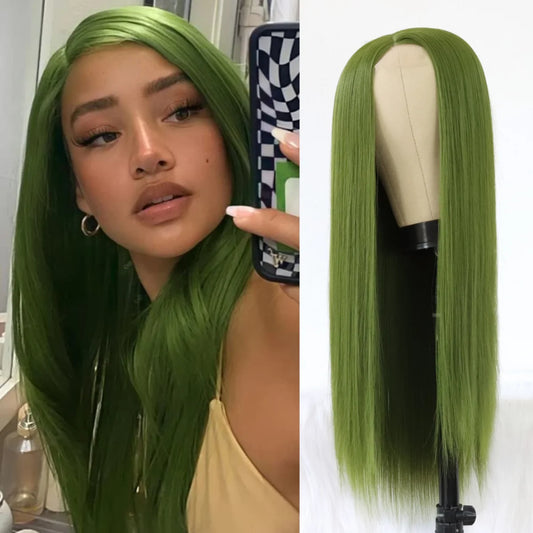 Olive Green Wig Long Straight Synthetic Hair Wigs for Women Matcha Green No Lace Front Wigs Heat Resistant Synthetic Wig 24 Inch