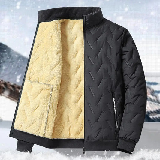 Embossed Lines Jacket Men Jacket Men's Embossed Lines Lapel Jacket with Zipper Pockets Elastic Hem Plush Lining Coat for Warmth