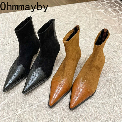 2024 Spring Autumn Women's Ankle Boots Fashion Pointed Toe Short Botas Ladies Elegant Low Heel Shoes Winter Women's Pumps