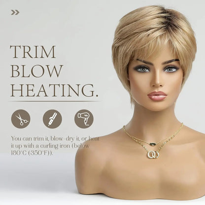 Pixie cut Human hair Wigs Sand Blonde Short Straight Bob Wigs with Bangs 100% Real Human Hair Glueless Wigs Natural Daily Use