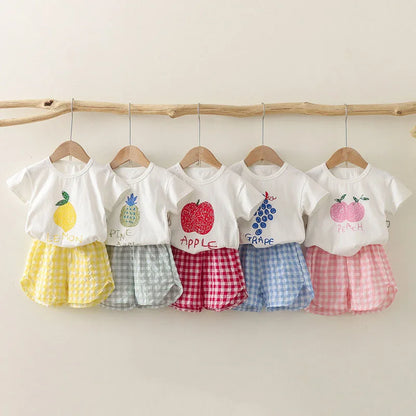 Baby Girls Clothes Sets Cute Fruit Print Short Sleeve+Plaid Shorts Toddler Summer Cotton T-Shirt Pant Set Outfits Kids Tracksuit
