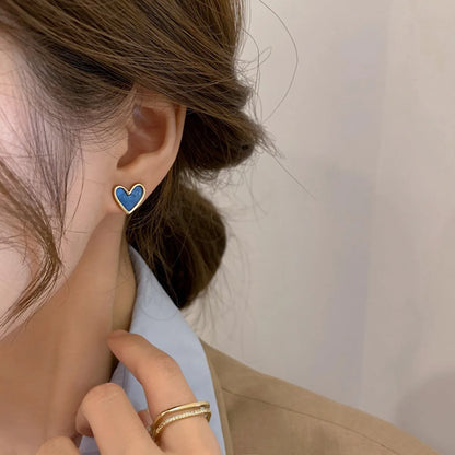 New Korean Sweet Cute Heart Stud Earrings for Women Girl Fashion Blue Glaze Aesthetic Geometric Earrings Minimalist Jewelry Gift