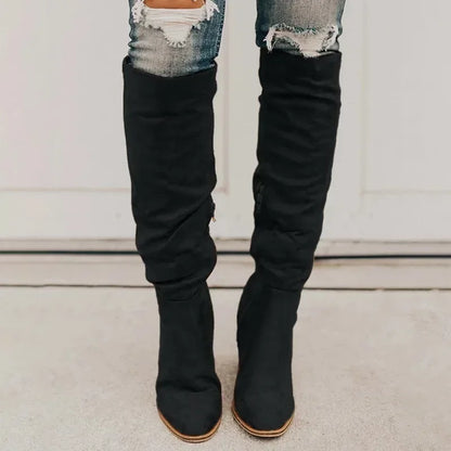 2024 Women Knee-High Boots Sexy High Heels Solid Color Women Shoes Zip Winter Warm Flock Fashion Pointed Toe Rome Females Boots