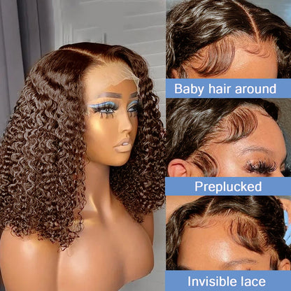 250% Density HD 13x4 Lace Jerry Curly Bob Wig Burgundy 99J Human Hair Wig 100% Remy Human Hair Dark Brown Chocolate Color #4