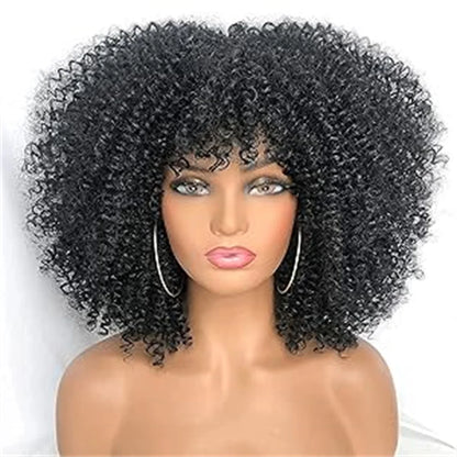 Afro Kinky Curly Wigs With Bangs Full Machine Made Wigs Short Curly Wigs For Black Women 100% Human Hair Wigs 180% Density
