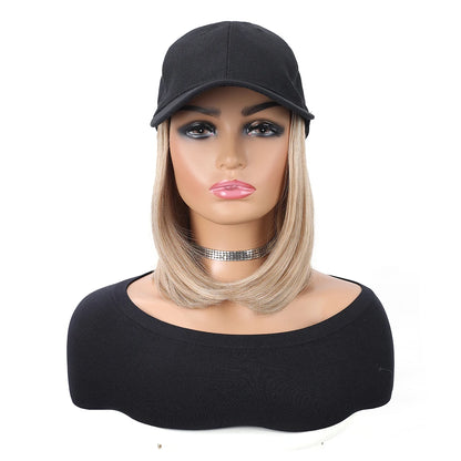 Baseball Cap with Synthetic Hair Extensions 10 Inches Straight Short Bob Hairstyle Adjustable Wig Hat for Women Girls