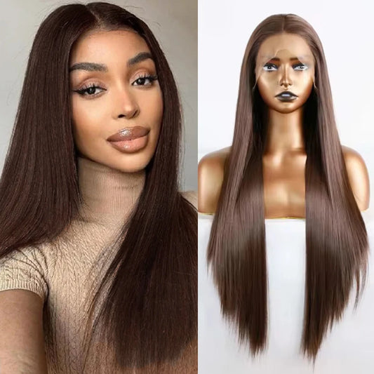 Dark Brown Wig Synthetic Lace Frong Wig Silk Straight Hair Glueless Wig for Women  Long Women'S Wigs Cosplay Chocolate Brown Wig