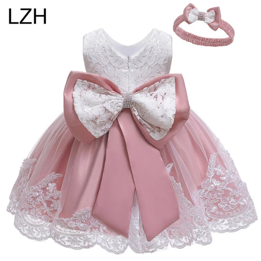 LZH Baby Girls Dress Newborn Clothes Princess Dress+Headwear For Toddler 1st Year Birthday Wedding Christening Infant Party Gown